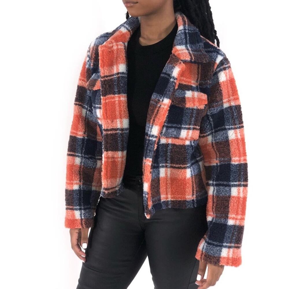 NWT Plaid Jacket Womens S Orange Blue Cropped Sherpa Fall 90s Retro Cozy